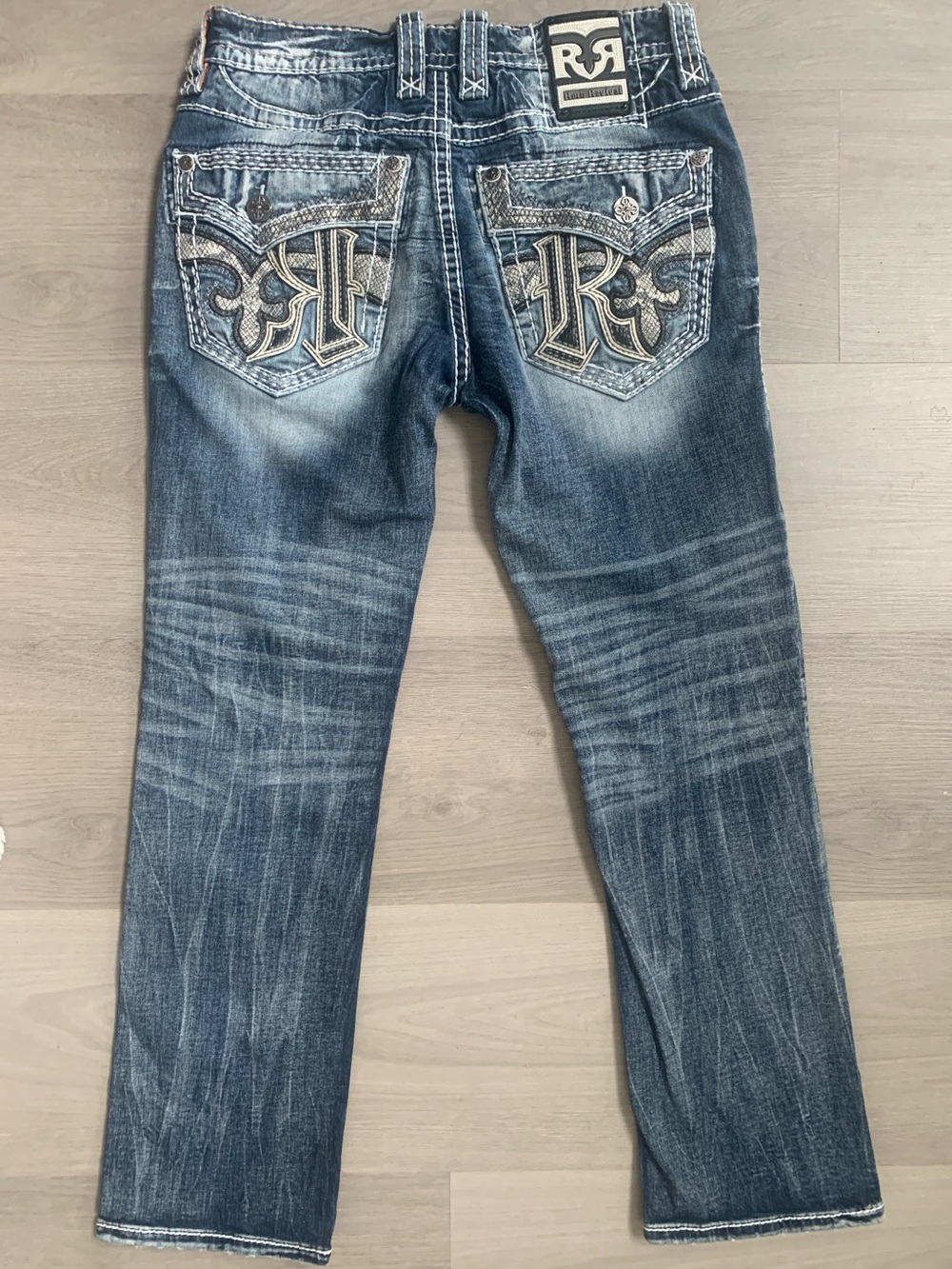 Rock Revival Toby Straight Distressed Snake Skin Printed Blue Jeans 32W/32L - Picture 5 of 13